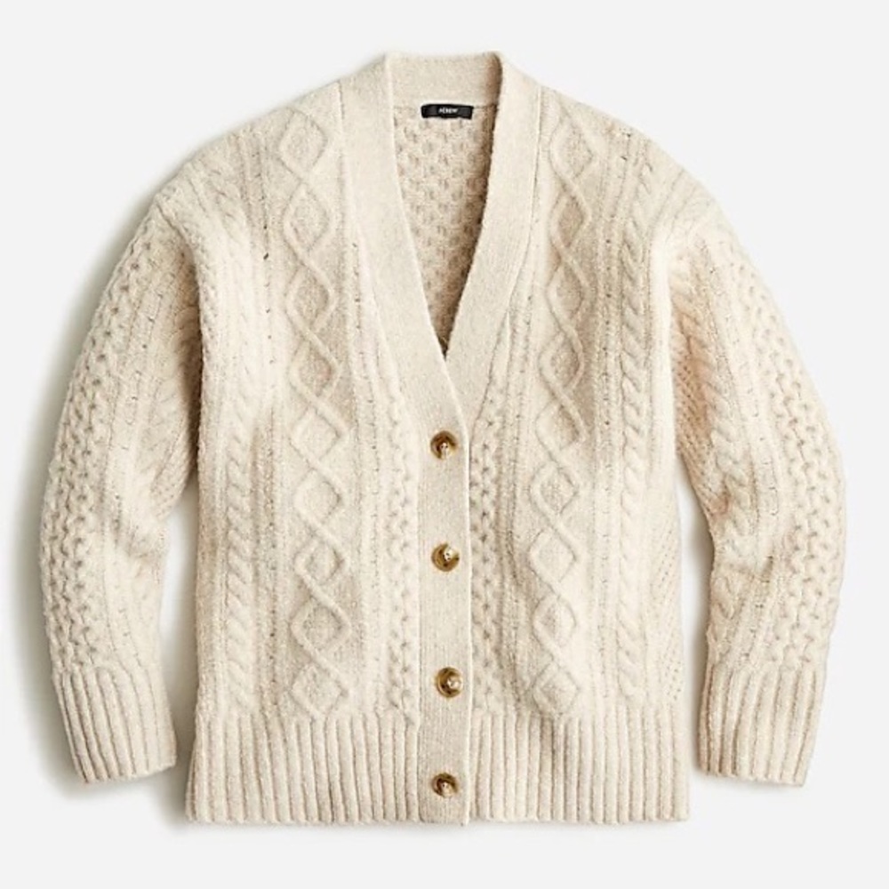 NWT J Crew Cable-knit Stretch Wool Cardigan Sweater, Heather Light Stone, Small